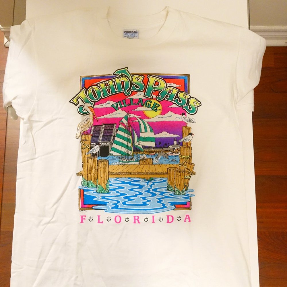 Vintage 90s John's Pass Village Florida Neon Colors Sunset BEAUTIFUL Dolphins